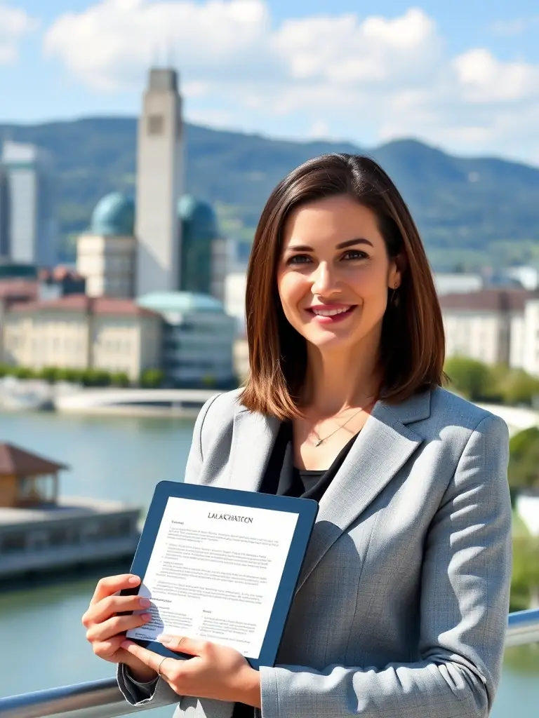 A businesswoman reviewing compliance documents on a tablet, with a cityscape of Zurich in the background, representing adherence to Swiss regulations.