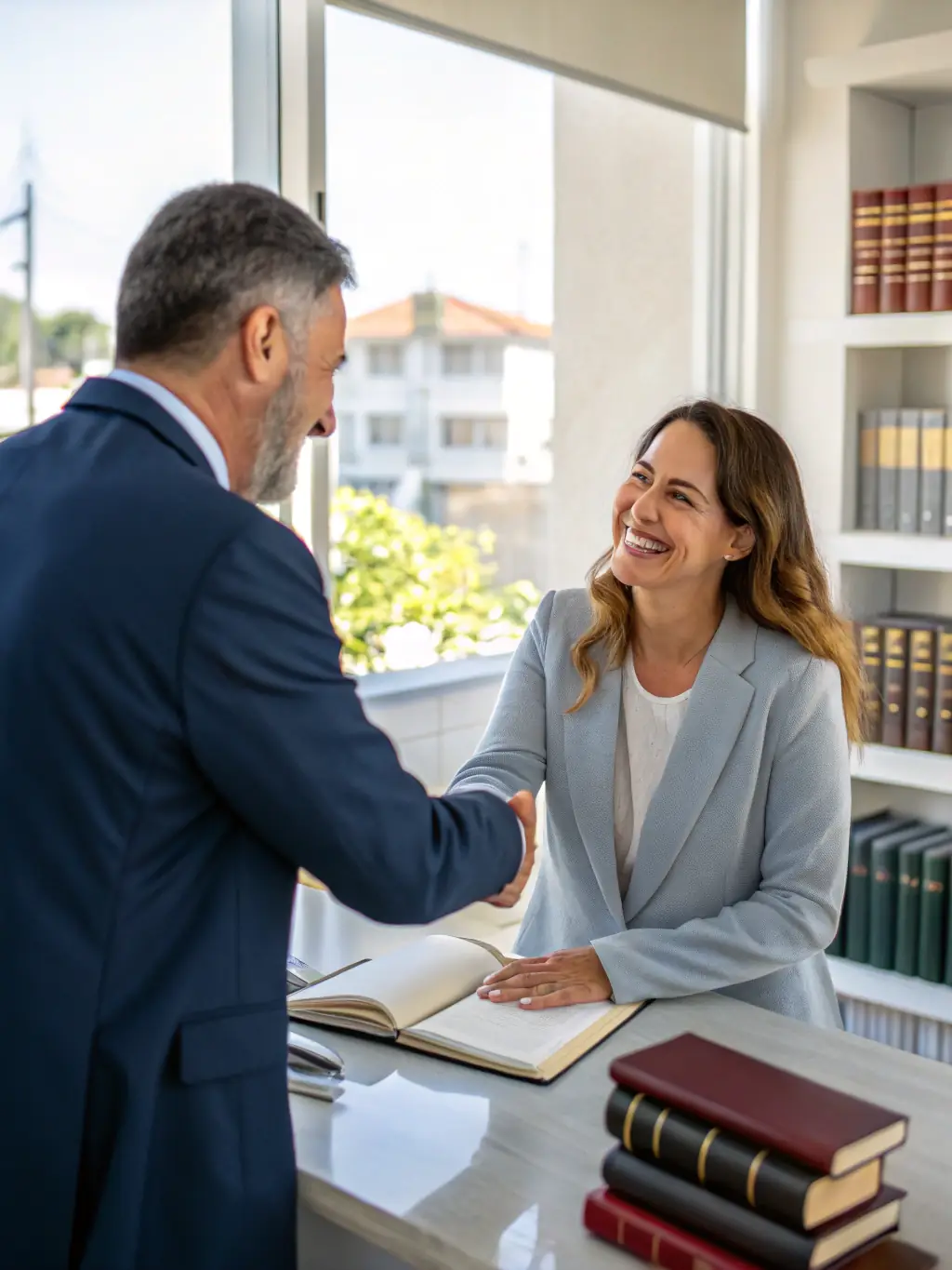 A client smiling and shaking hands with a lawyer after a successful legal outcome, celebrating the resolution of their case with EnterLaw Services.