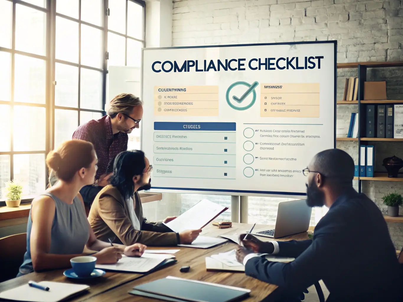 An image of a legal consultant explaining compliance checklists to a business team.