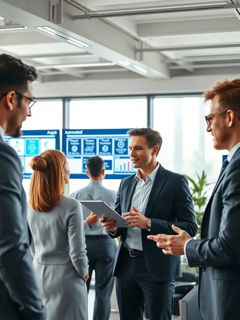 A team of lawyers collaborating on a legal case, using digital tools and resources in a bright, collaborative workspace at EnterLaw Services.