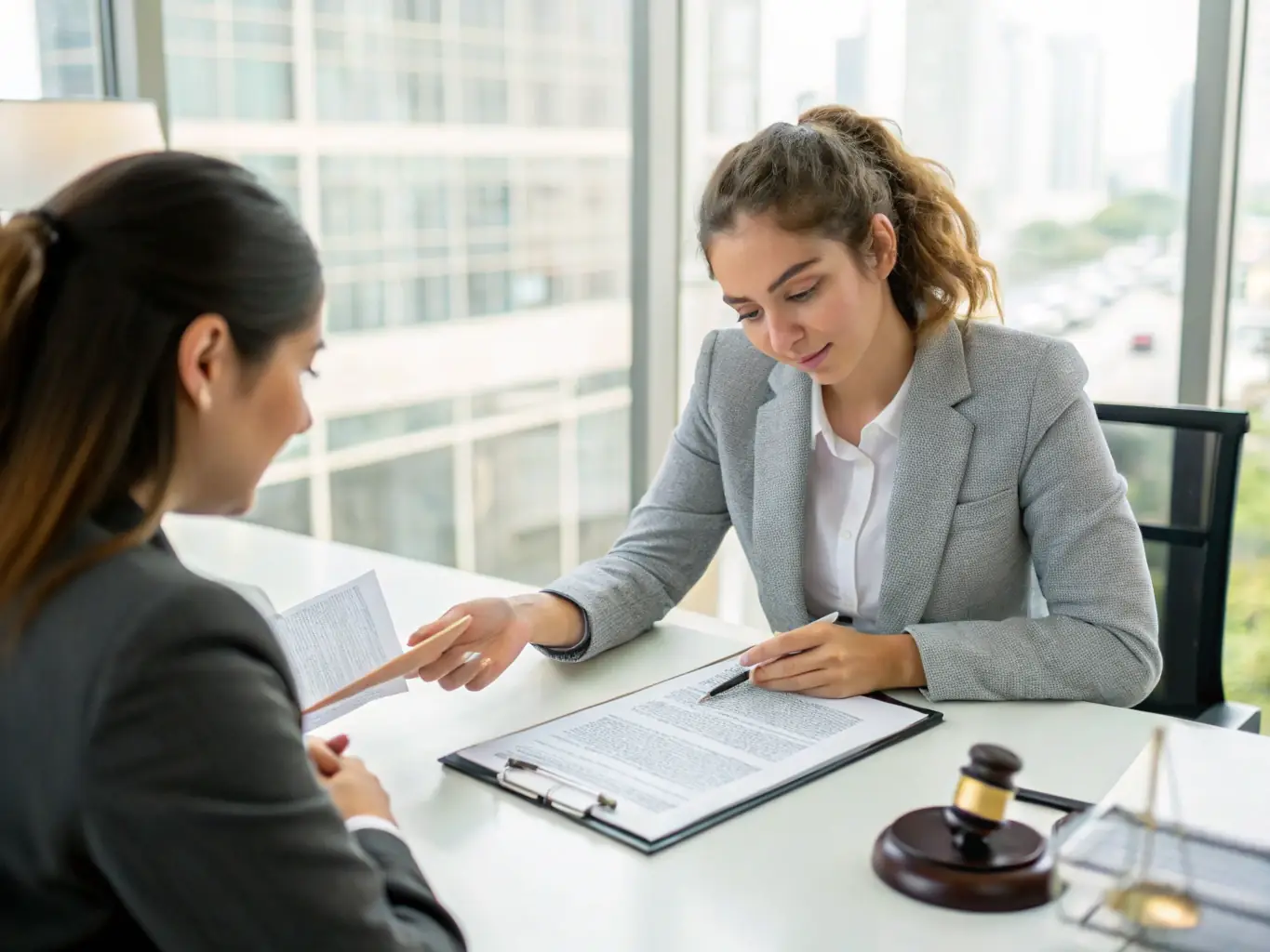 A business professional consulting with a lawyer in a modern office, discussing compliance matters and legal regulations.