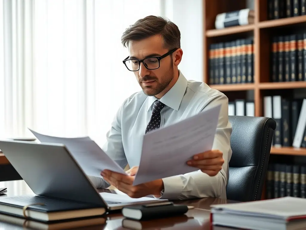 A lawyer drafting a contract at a desk with a laptop and legal documents, emphasizing precision and legal expertise.