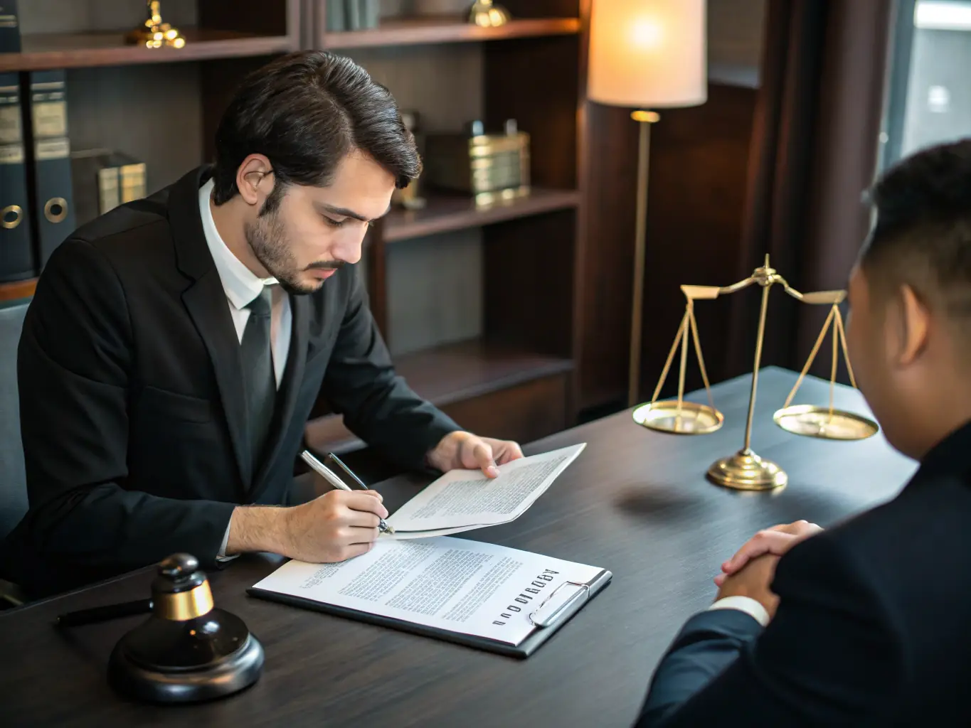 A professional lawyer reviewing a contract document with a client in a modern office setting.