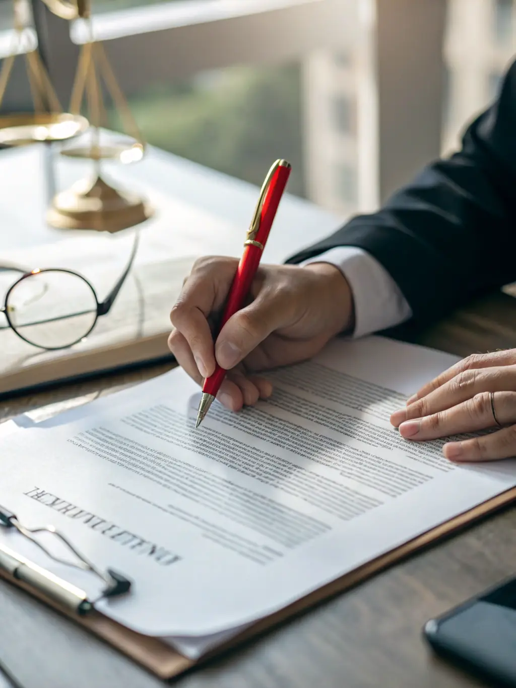 A lawyer reviewing a detailed contract document with a client, highlighting key clauses and legal implications at EnterLaw Services.