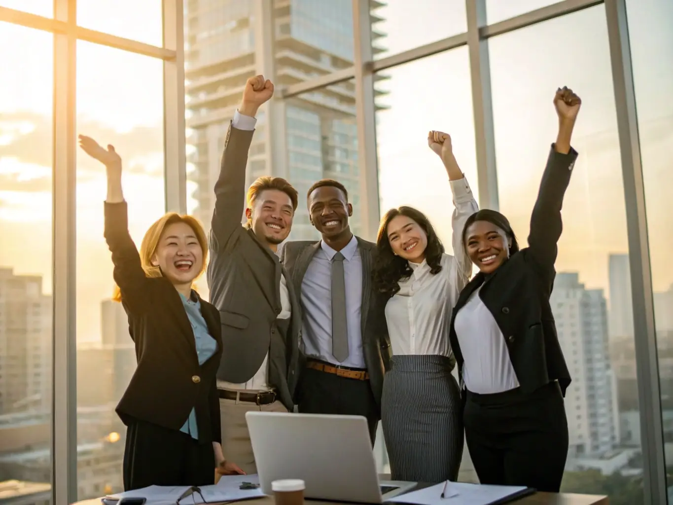 An image of a business team celebrating the successful registration of a new company in a Swiss office.