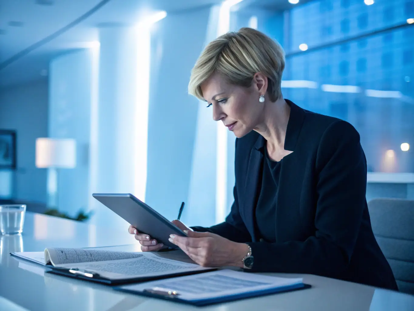 A professional lawyer in a modern office setting, reviewing documents related to company formation in Switzerland. The scene should convey expertise and attention to detail.