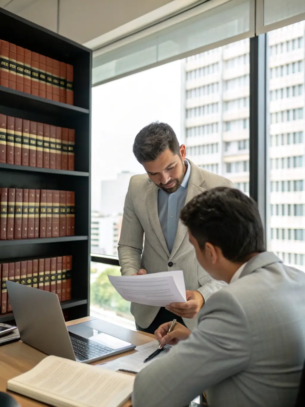A professional lawyer in a modern office setting, reviewing company formation documents with a client, both smiling and confident.