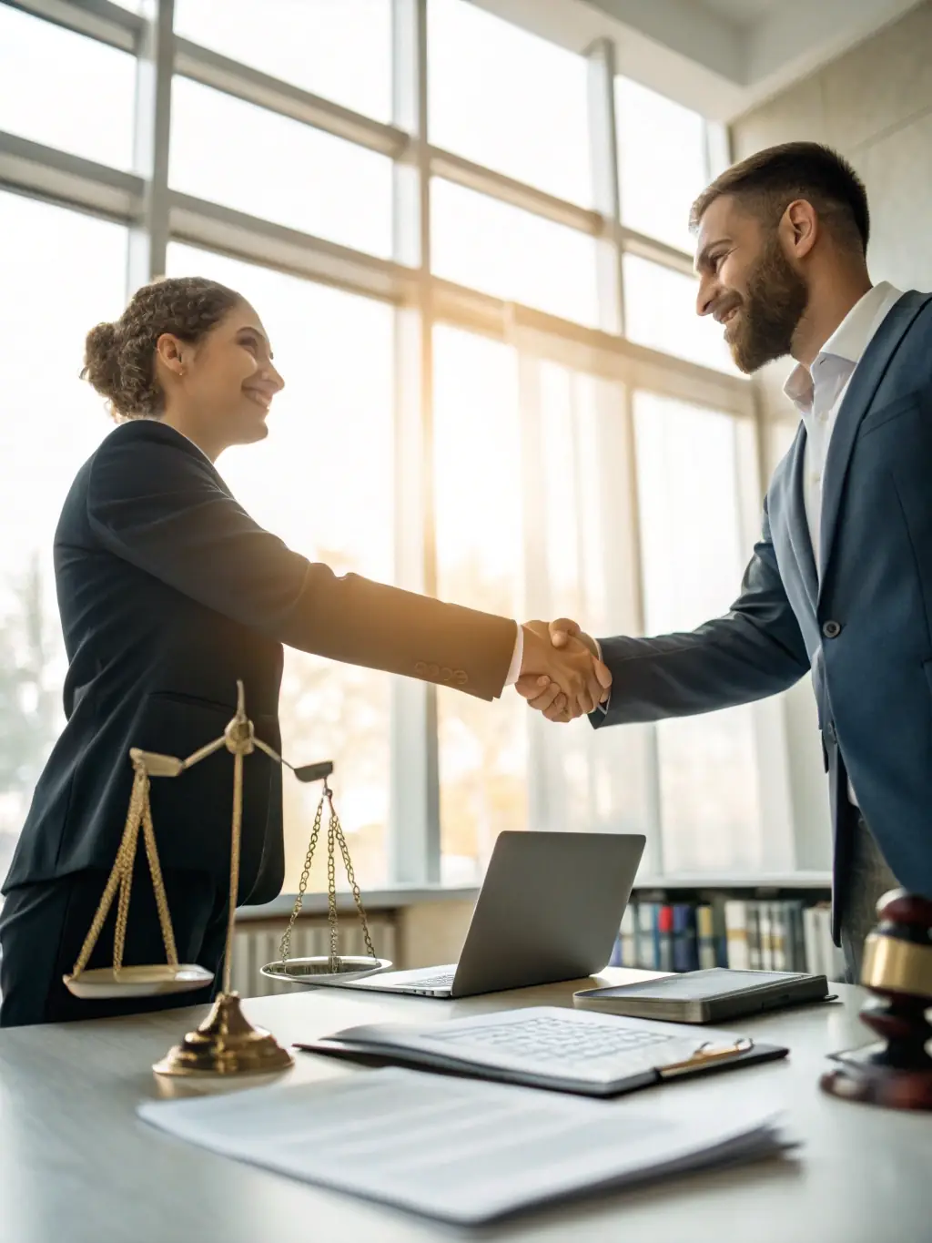 Two lawyers shaking hands over a finalized contract in a brightly lit office, symbolizing agreement and trust.