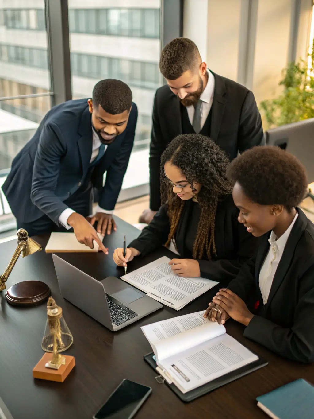 A diverse team of lawyers in a meeting, discussing various legal aspects of business operations, symbolizing comprehensive support.